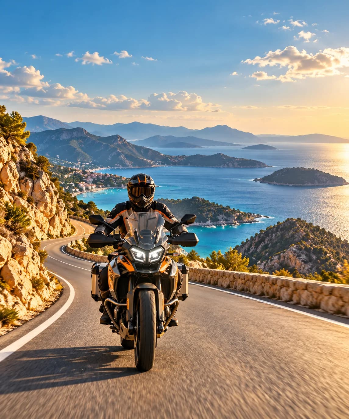 A rider in orange and black gear on a winding coastal road above the sea at sunset