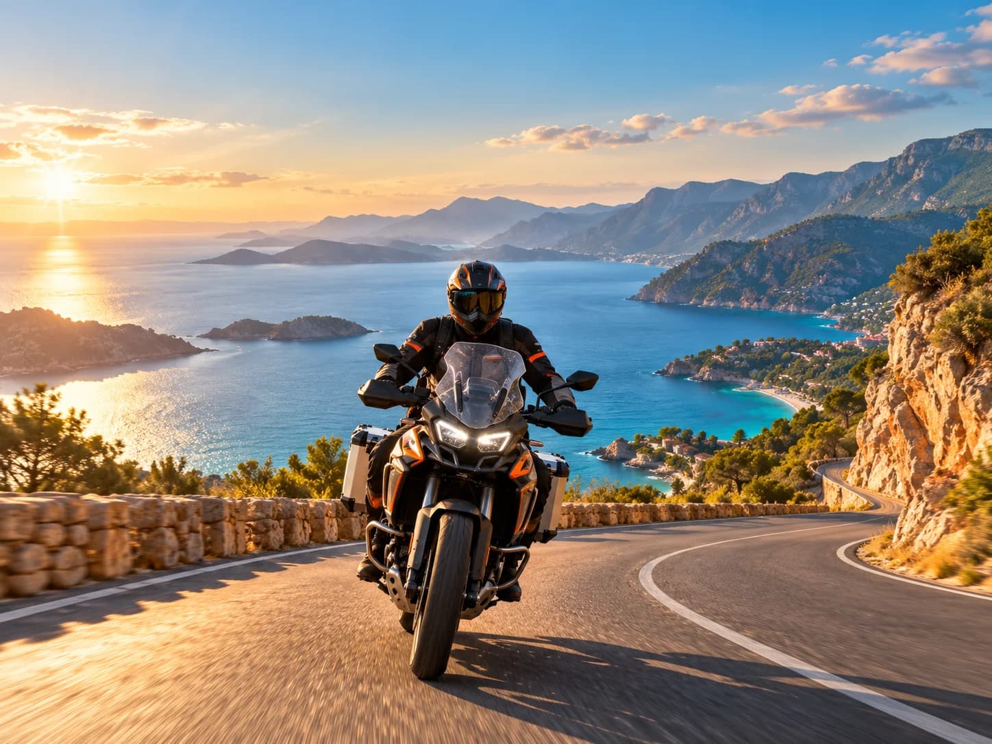 A rider in orange and black gear on a winding coastal road above the sea at sunset